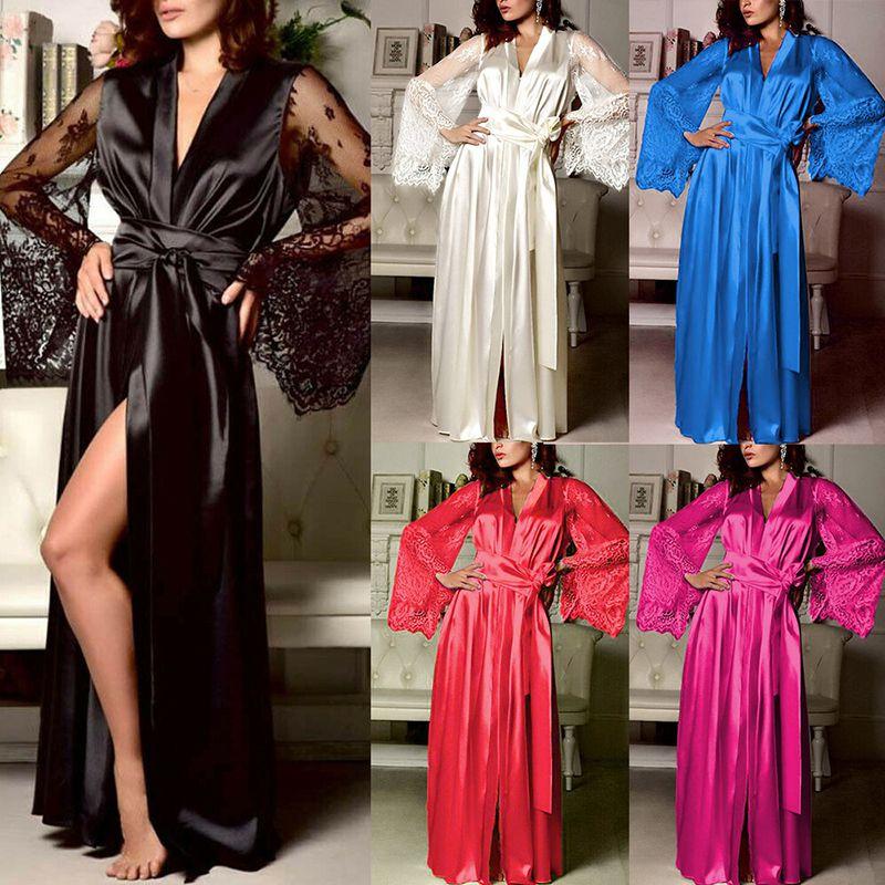 Elegante Camicia da Notte da Donna in Raso di Seta con Pizzo Lingerie Kimono Abbigliamento da Notte Lunga Vestaglia