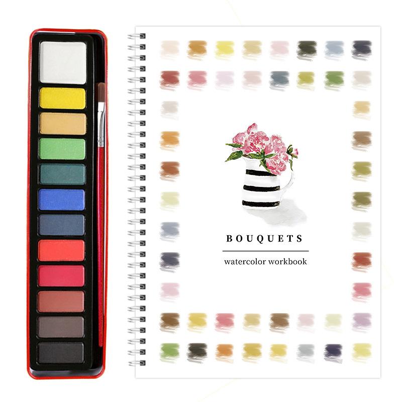Beginner Watercolor Workbook Painting Kit – 12 Colors Paint Set With Brush Art Supplies For Adults & Teens