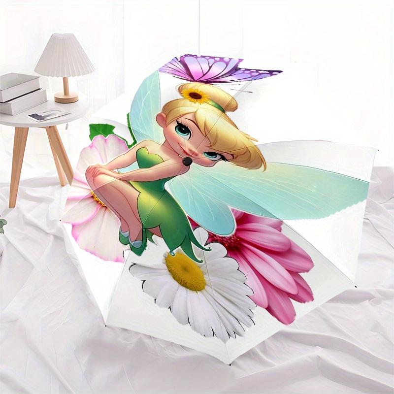 Disney Tinker Bell, Flowers Automatic Open/Close Umbrella - Cute Umbrella with Cute Design, Portable 3-Fold Compact Umbrella for Men & Women