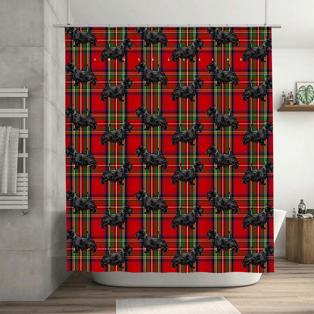 Scottish Terrier Pattern Shower Curtain Waterproof Fabric for Bathrooms Decorations Red Plaid Design Dog Print Size: 69 x 70 inc