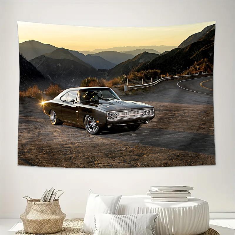 Classic Black Muscle Car Mountain Road Sunset Wall Tapestry Machine Washable All Season Decor Art Print Automotive Design Home
