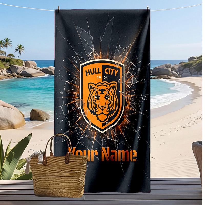 Asciugamano da Spiaggia Personalizzato Stampato Hull City Logo Calcio Supporto Nome Personalizzato Testo Asciugamano Assorbente Per Sport Viaggio Regalo Speciale