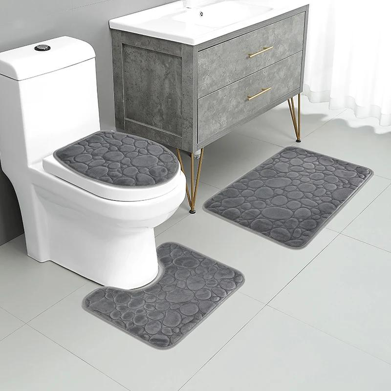 3PCS Solid Color Simple Bathroom Water-absorbing and Non-slip Floor Mat Stone Pattern, Comfortable and Soft, Three-piece Set