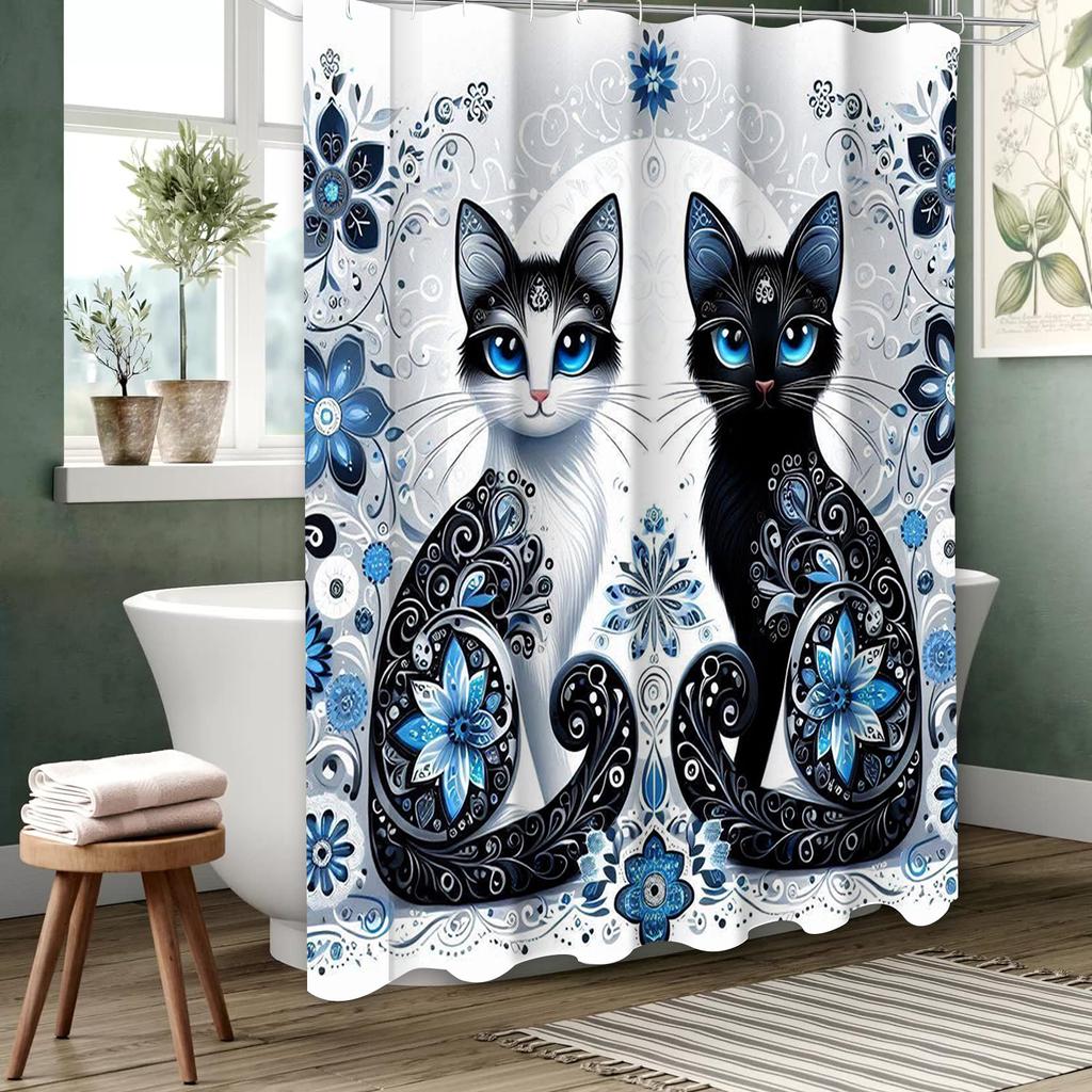 Cartoon Lovely Cat Pattern Bathing Curtain  Bathroom Letters Shower Curtain Waterproof With 12 Hooks Fishes Home Deco Free Ship
