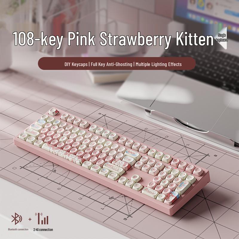 Strawberry Kitten Wireless Bluetooth Mechanical Keyboard with Universal Switches - Silent Design for Office and Gaming