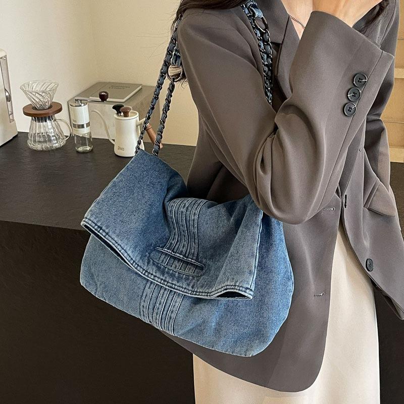 New Denim Bag for Women, Large Capacity Commuting Fashi Tote Bag, Chain Strap Shoulder Crossbody Bag