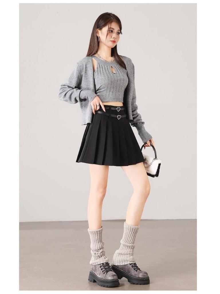 2025 Versatile College Style High Waist Pleated Skirt with Double Belt - Slimming & Anti-Exposure