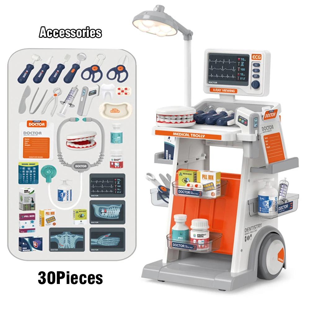 Non-Toxic Hospital Play Medical Equipment Table Fillings Injection Stethoscope Medical Trolley Home Doctor Dentist Toys For Kids Xmas Gift