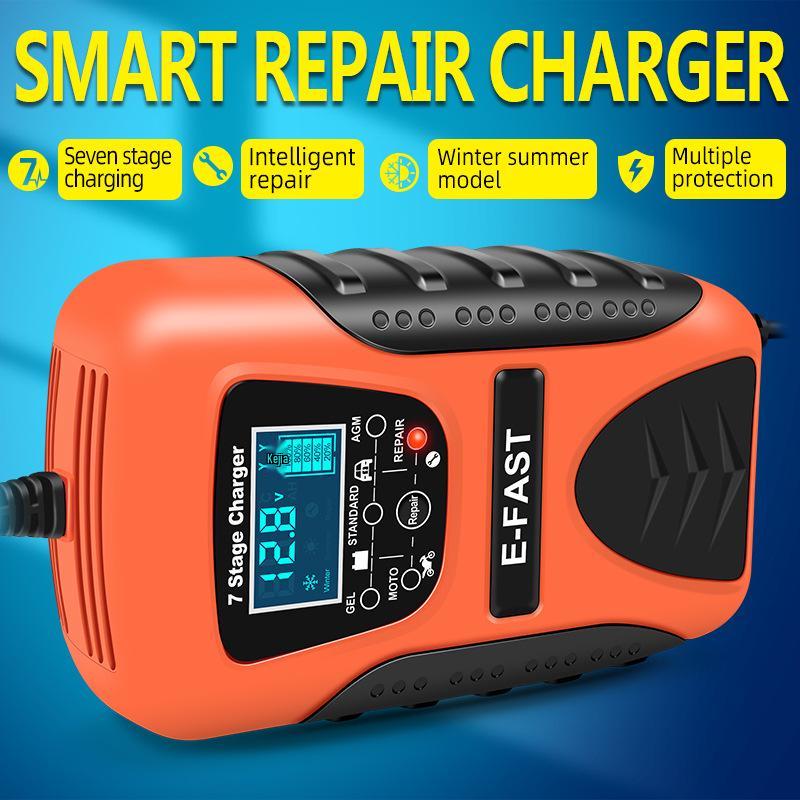 E-FAST 12V 7-Stage Charger for Car and Motorcycle Batteries with Current, Voltage, and Battery Level Display.
