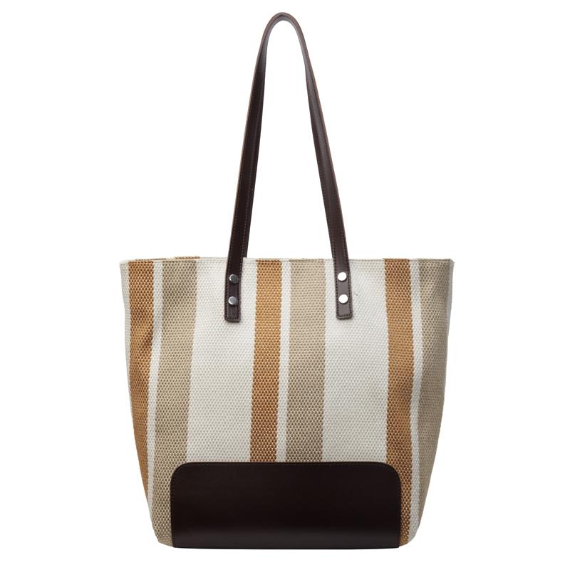 Large Capacity Contrast Color Striped Canvas Bag Women's Commuter Shoulder Bag Portable Tote Bag