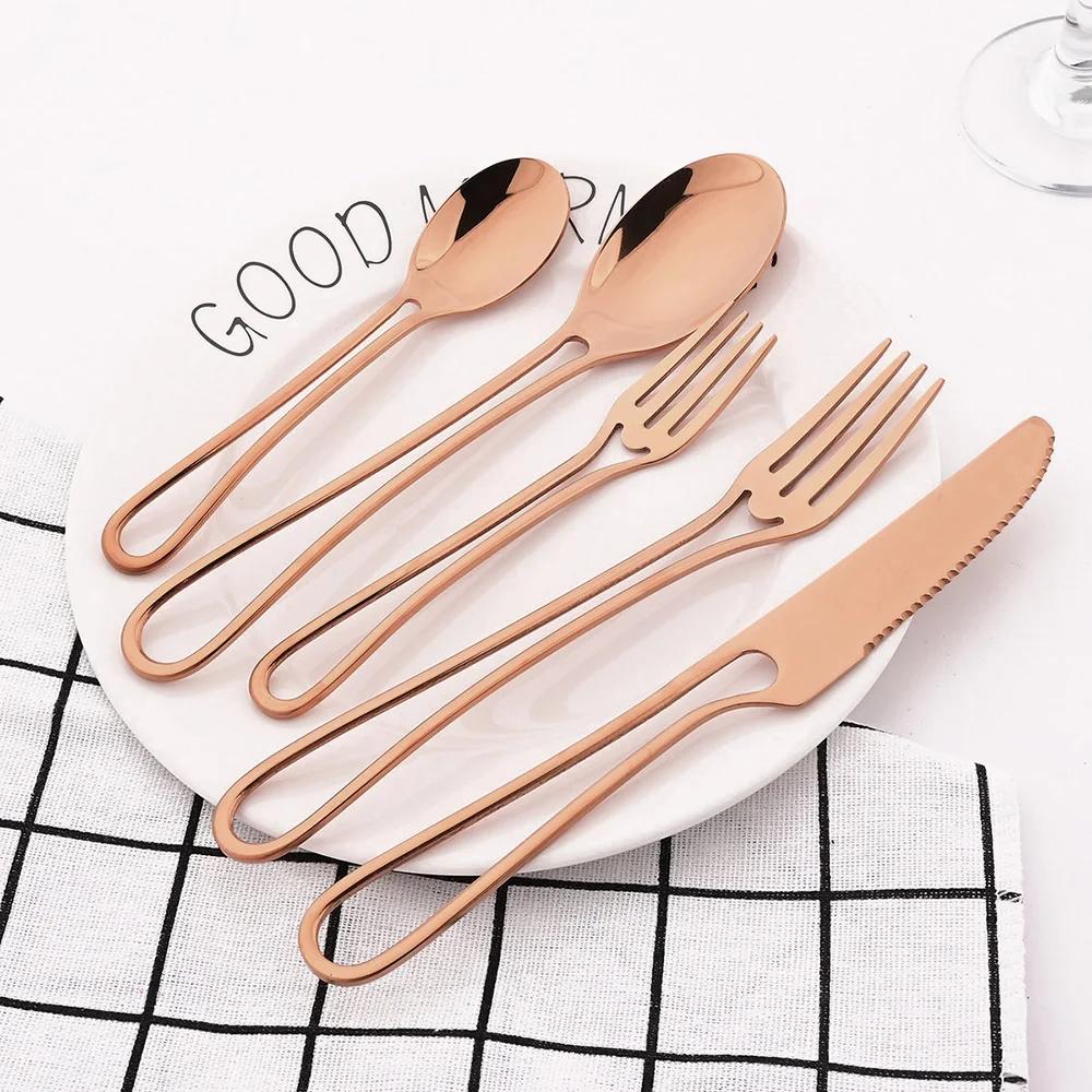 4Pcs Rose Gold Dinnerware Set Knife Fork Coffee Tea Spoon Cutlery Set Stainless Steel Tableware Western Home Kitchen Flatware