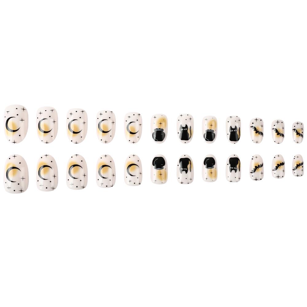 Glossy Black Cat & Bat Moon Halloween Nail Stickers – 24 Piece Set