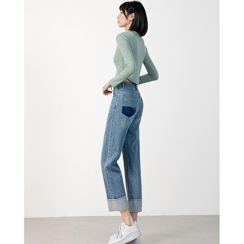 

Women s High Waist Blue Straight-Leg Jeans with Patchwork Pockets - Versatile Cigarette Pants 171 XS синий