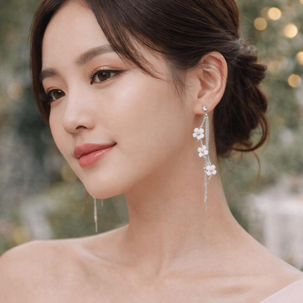 Sweet Versatile Fringe Hoop Earrings Resin Rhinestone Pendant Earrings Long Face Slim Jewelry Flower Earrings Ladies