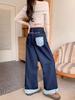 Retro Plaid High-Waisted Wide-Leg Bow Patchwork Jeans for Women