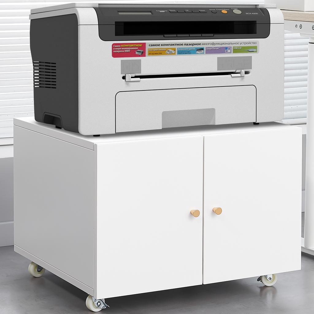 White Mobile Metal Printer Cabinet with Door & Adjustable Shelf, Rolling Storage File Cabinet for Home Office & Small Spaces