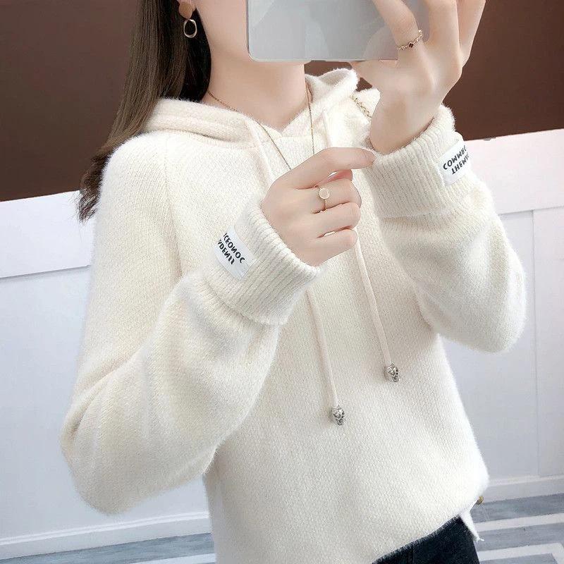 

Светр для жінок Осінь Зима Потовщений Пуловер Теплий В язаний З капюшоном Однотонний Еластичний З довгим рукавом Оверсайз Светр Топи 3XL білий