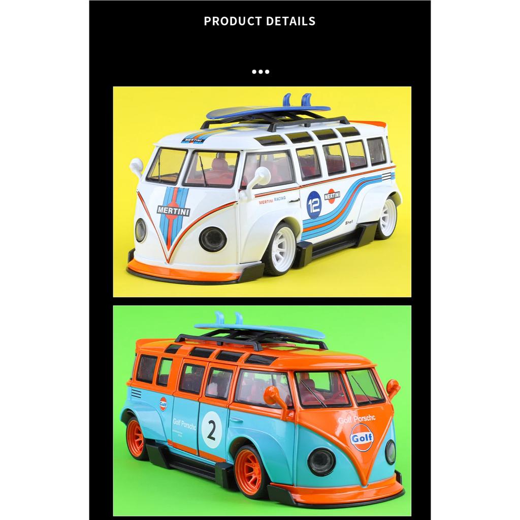 1/24 Volkswagen T1 Bus Gulf Oil Martini Low Ride Wide Body Modifiziert Legierung Metall Diecast Modellauto Sound & Licht Hobby Geschenke Junge