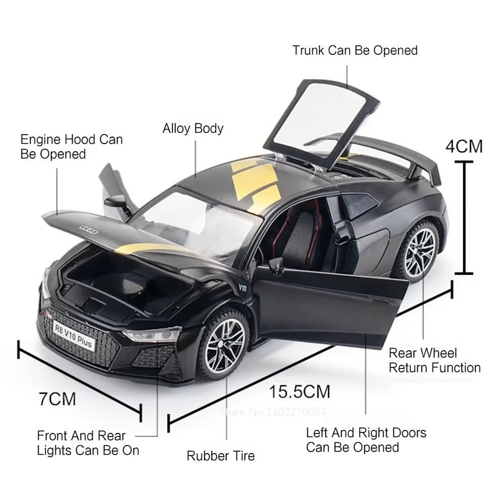 1:32 R8 V10 Plus C260l Alloy Diecast Car Model Toys Sound Light Pull Back Doors Opened Rubber Tires Miniature Vehices Boys Gifts