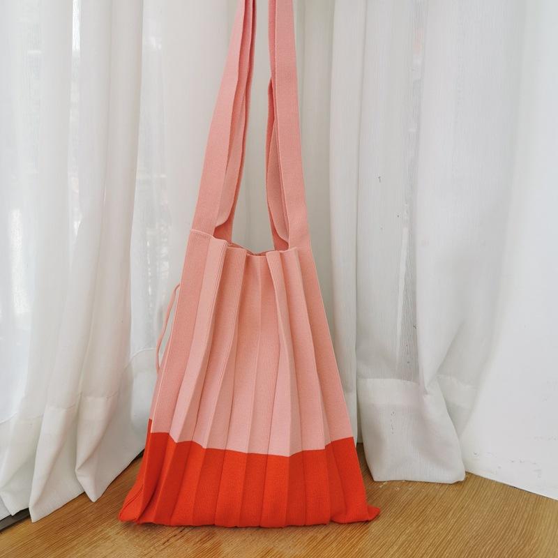 Geantă de cumpărături Design cu pliuri Pliabil Culoare contrastantă Tricot lână Geantă de umăr de mână Geantă organizator Femei Patchwork