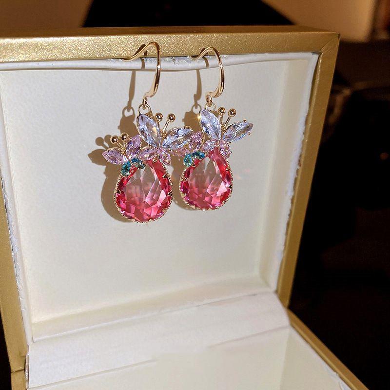 Pink butterfly water droplet pendant ear hook, sparkling artificial zircon sweet style earrings, small clothing matching
