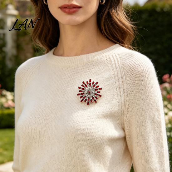 Rhinestone Jewelry Radial Flower Brooch Pin, Decorative Zinc Alloy Lapel Sweater Elegant Cardigan Coat Suits Clothing Accessories, Gift for
