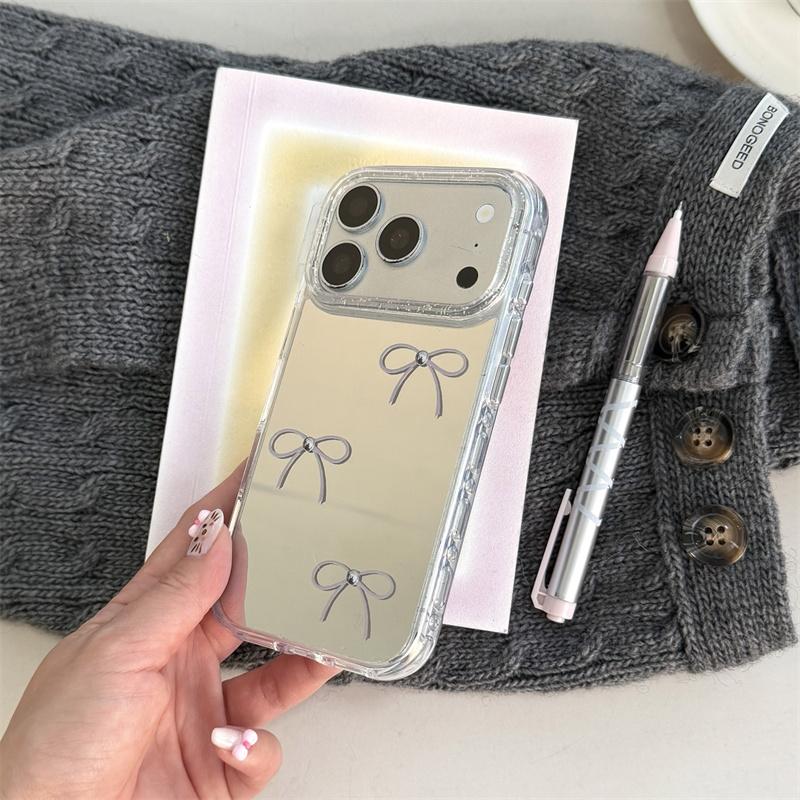 Minimalist Bow Mirror Phone Case For iPhone 17 Pro 16 15 14 Pro Max with Glitter Shockproof 17pro  Protective  Cover Cases
