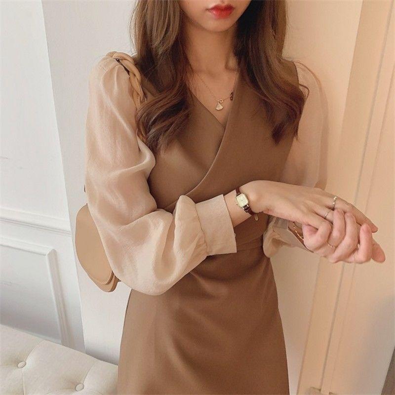Spring Long Sleeve Chiffon Dress With Waist Ties For Casual And Office Wear