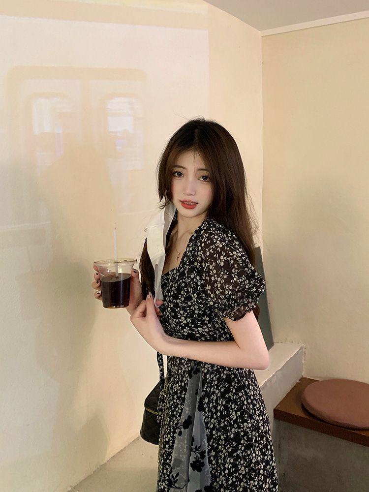 Women's Plus Size Floral Midi Dress, French Retro Style with Mesh Spliced Skirt