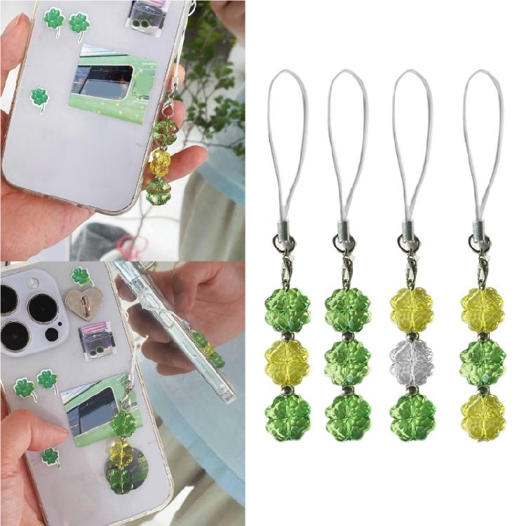 Fashion Beaded Phone Charm Lanyard for Women Girls Crystal Four Leaf Clovers Keyring Stylish Keychain Bag Purse Pendant