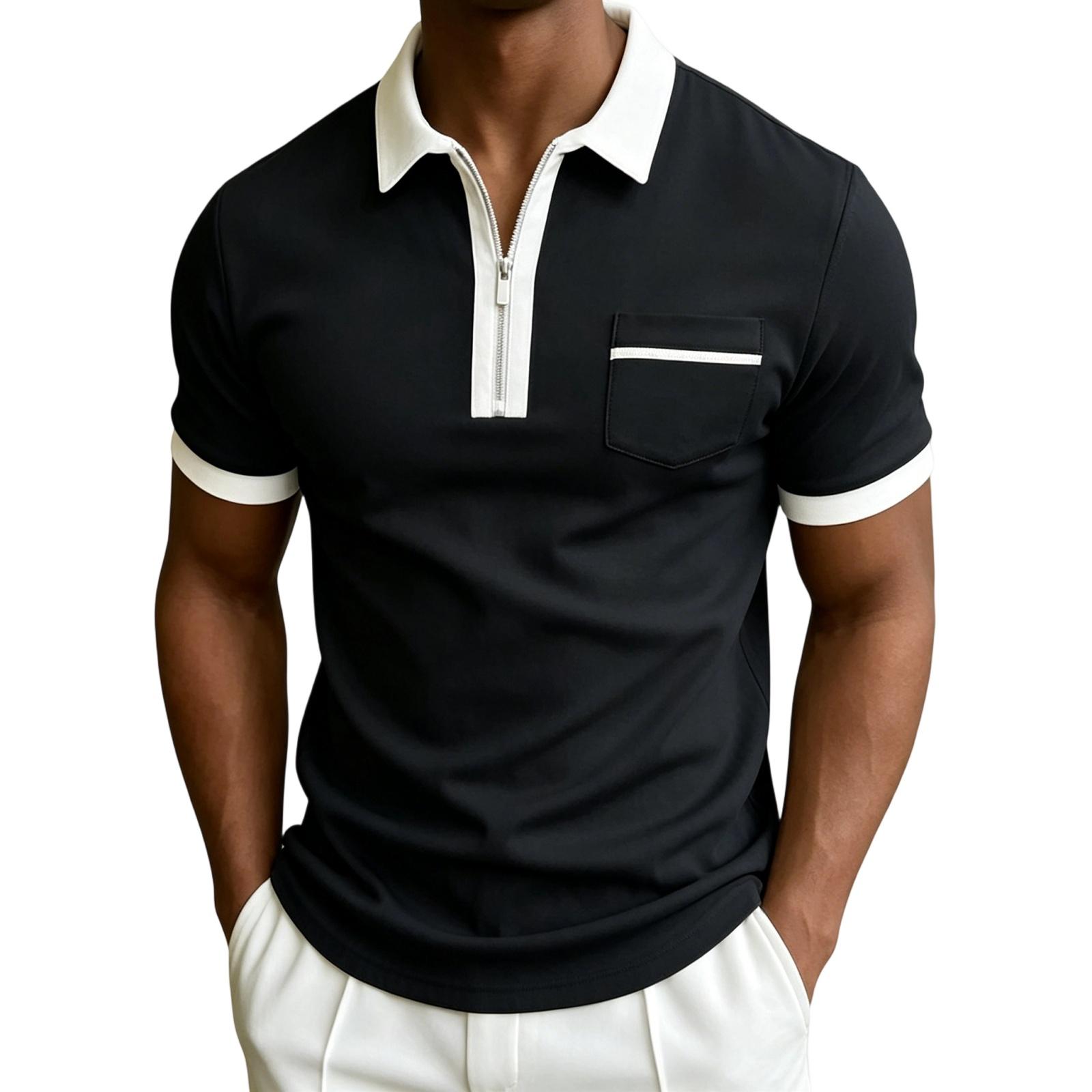 Men Polo Shirt Short Sleeve Zip Front Collar Pocket Design Slim Fit Casual Top for Everyday Wear L чёрный