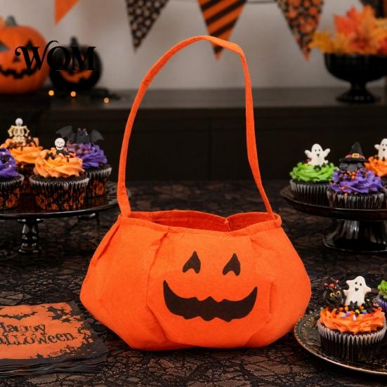 Flexible Hand Strap Bag Halloween Pumpkin Candy for Kids, Small Trick or Treat Bucket, Party Favor Soft Face Basket with Handle Decoration Stiff Tote
