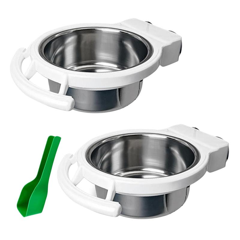 

A25F-Bird Container Food And Bowl Set With Spoon- Hanging Stainless Steel Bird Feeding Dish Cups 2 PCS Perch Stand