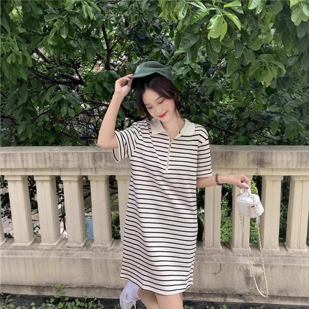 Summer 2025 Korean Sweet Sporty Striped Polo Collar Dress - Women's Short Sleeve Slimming Style