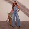 Damen V-Ausschnitt Ärmellos Denim Jumpsuit Hohe Taille Konisch Lässig Romper