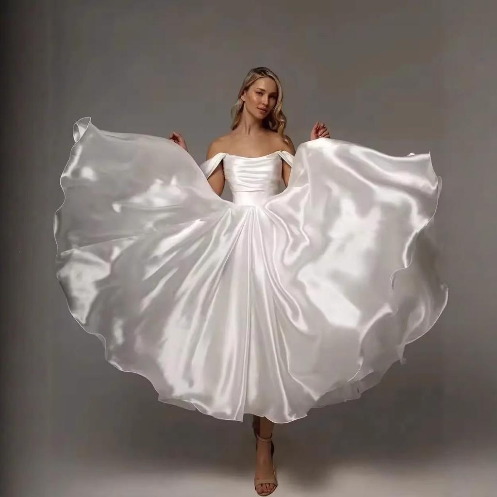 One-word Shoulder Travel Photo Light Wedding Dress with Strap-up Dress 11 New Simple Solid Color Temperament Banquet Dress Fluffy Skirt
