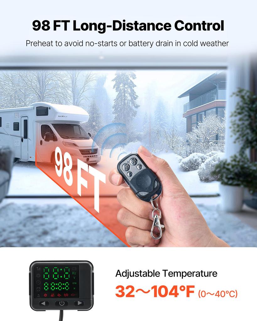 VEVOR Diesel Air Heater, 12-24V 5-8KW, Fast Heating Diesel Parking Heater with Remote Control and Black LCD Switch, Low Noise, Pre-Heating Function