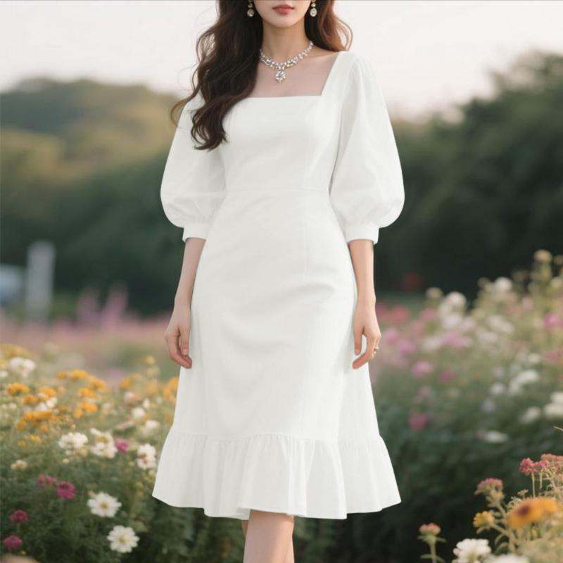 ZANZEA Women Square Collar Summer Casual 3/4 Sleeve Elegant Dress M белый