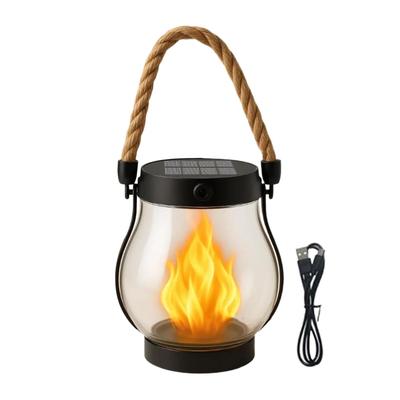 Solar Flickering Flame Lantern Hanging Outdoor with Rope Handle Solar & USB Charging for Garden or Yard Christmas Decorations