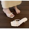 Fashion New Style Popular Comfortable Low Heels Square Head Sandals Sweet Bow Silk Thick Heel Slippers for Ladies Outwear Blue Slides