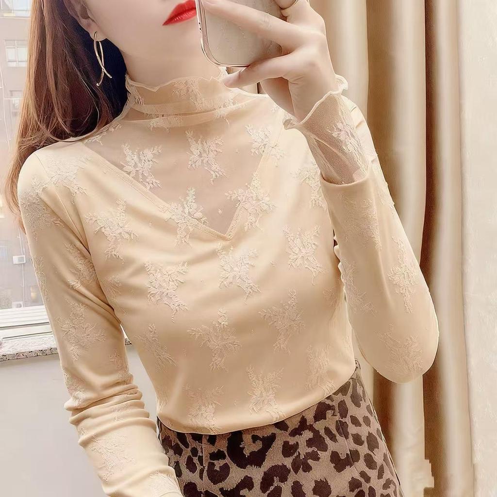Trending Black Lace Base Layer Shirt - Autumn/Winter Plus Velvet Mesh Top for Layering with Sweaters