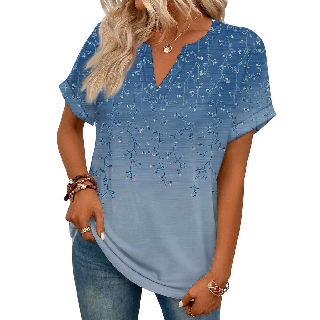 Stylowy damski casualowy T-shirt z krótkim rękawem z dekoltem w serek i retro kwiatowym nadrukiem