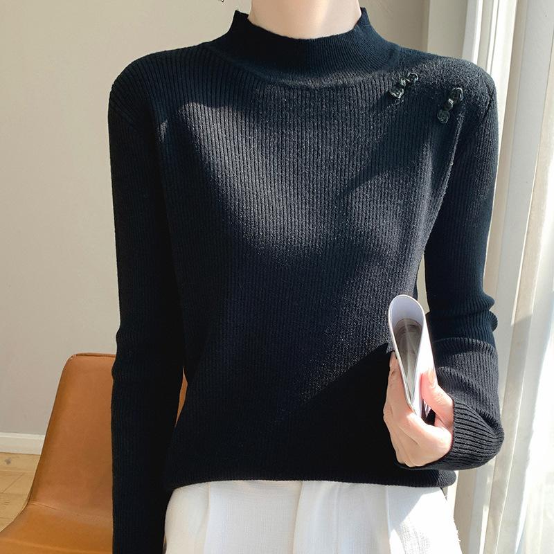 

GMXIA Трикотажная рубашка с пряжкой в стиле ретро, женская, с полувысоким воротом, джемпер, модный, внутренний теплый джемпер XXL чёрный