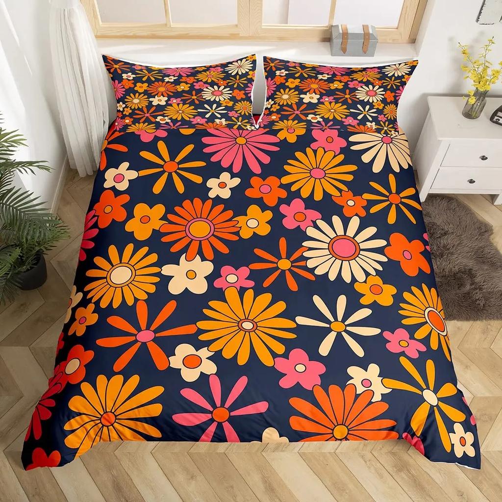 Bettdecke Retro Blumen Aquarell Gelb Floral Grüne Blätter Pflanze Bettdecke Und 2 K Bunter Stil Bettwäsche-Set