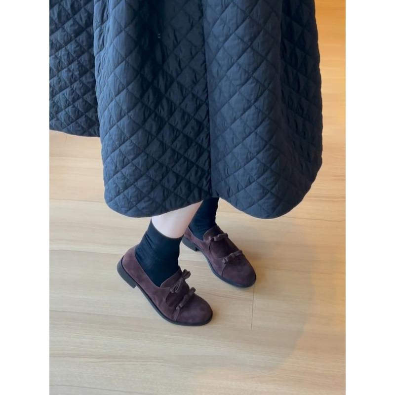 Cowhide version~ round head retro bow small leather shoes low heel one pedal simple Mary Jane single shoes women