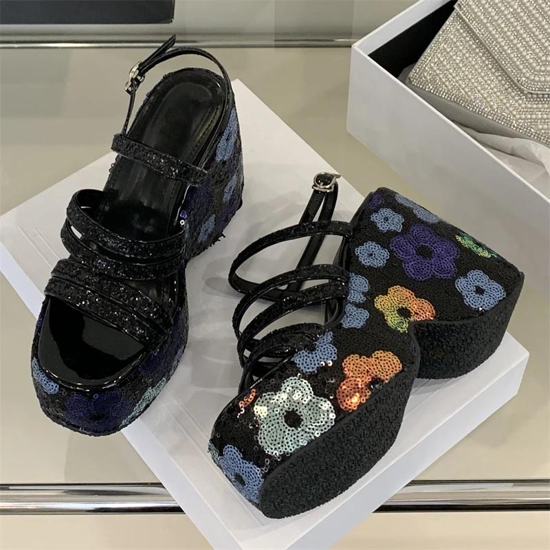 Eilyken Summer CRYSTAL Diamonds Sequin Cloth Platform Wedges Heels Sandals Women Buckle Strap Shoes Zapatillas De Mujer