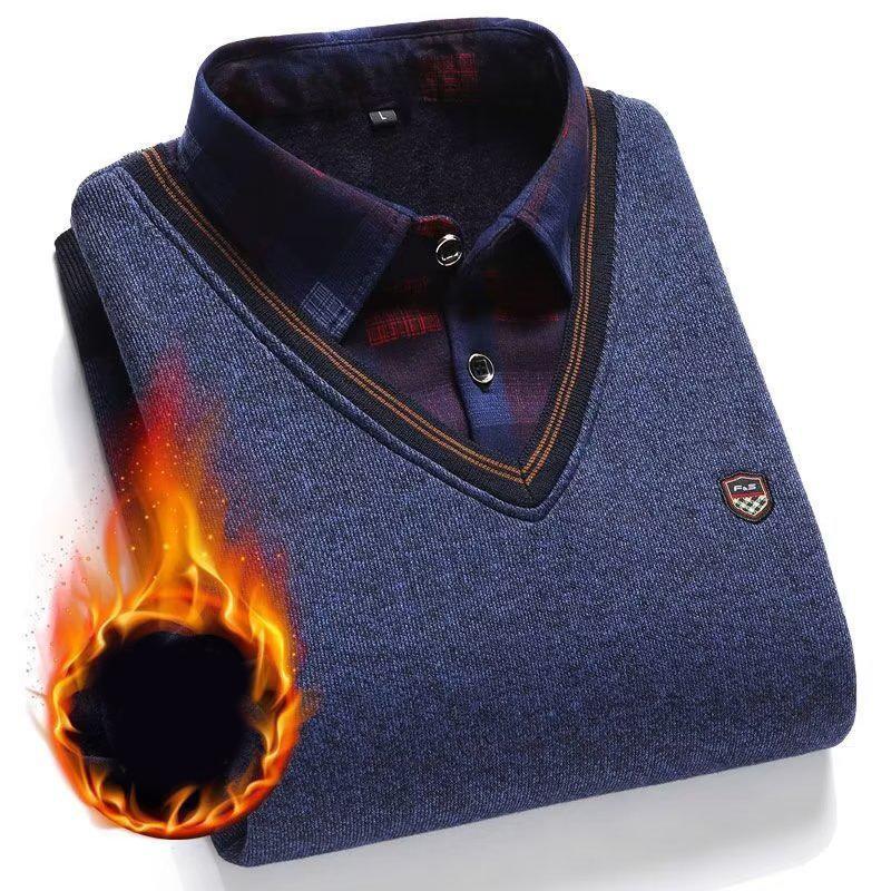 Men's Plush Sweater Autumn Winter Fake Two Piece Pullover Polo Shirt Collar Fleece Thick Warm Top Clothes Casual Jumpers