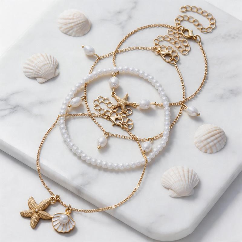 Ocean Style Multi-Layer Anklet Set, Imitation Starfish & Shell Pendants, Faux Pearl Beaded Anklet, Beach Vacation Accessory