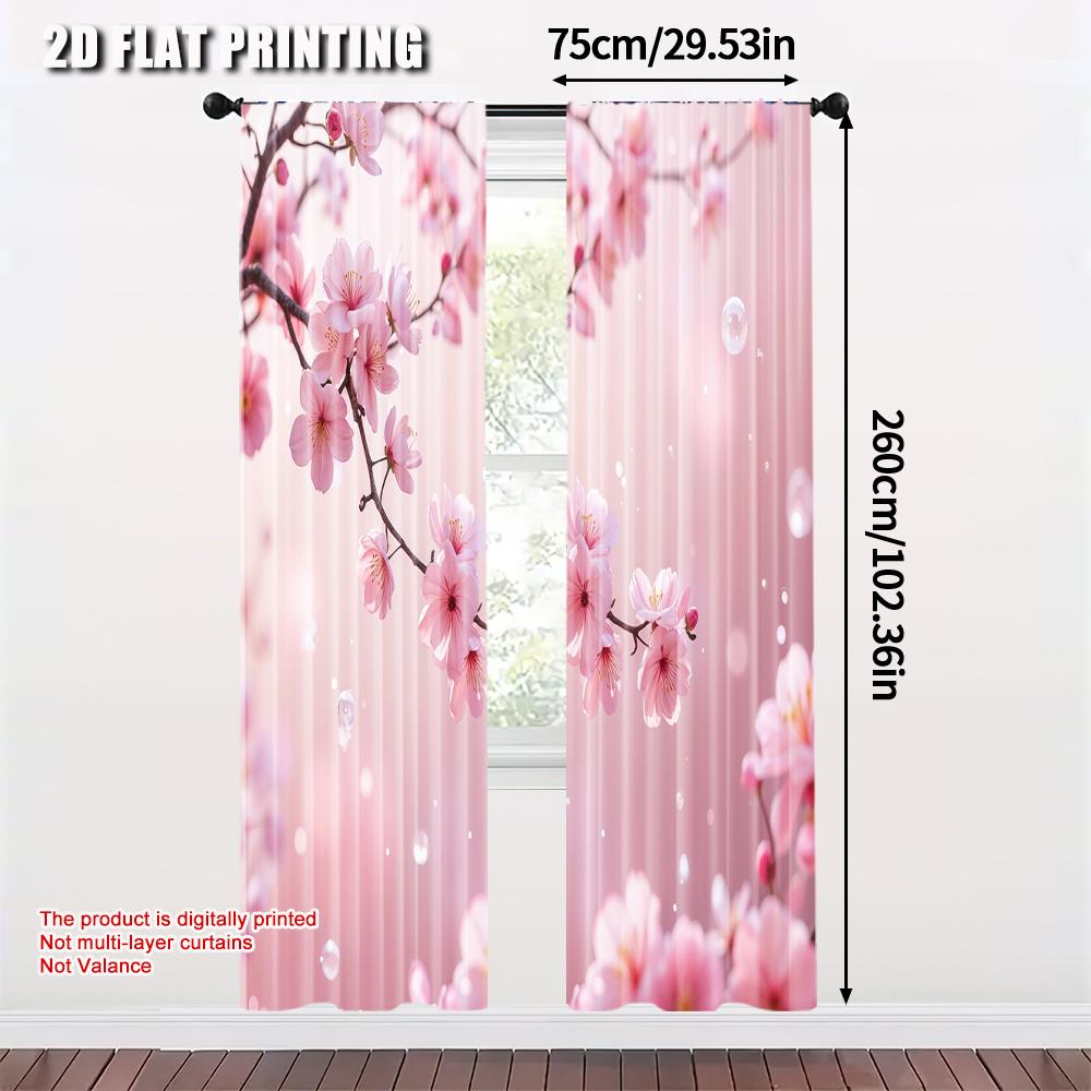 2pcs  2D plane printing Minimalist Curtains Cherry blossom spring scenery Durable Polyester (without rod) Decorations Inside
