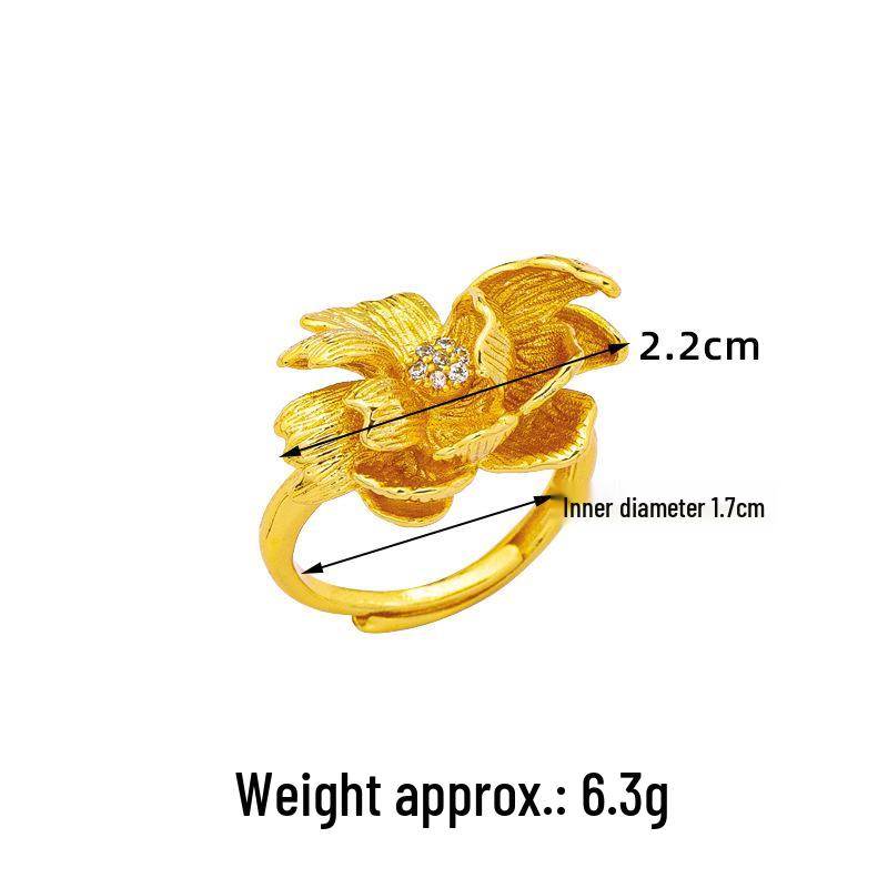 Vietnamese Sand Gold Peony Filigree Zircon Women's Open Ring - Long-Lasting Color Retention